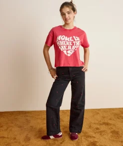 T-shirt fille droit rouge imprimé