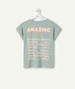 T-shirt fille droit vert imprimé