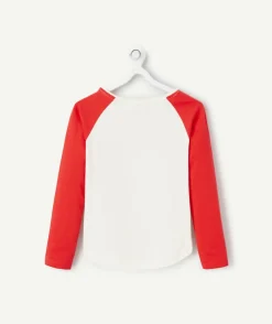 T-shirt fille en coton bio écru et rouge avec message pailleté