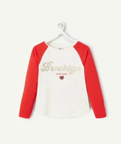 T-shirt fille en coton bio écru et rouge avec message pailleté