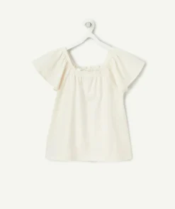 T-shirt fille en coton biologique écru avec col bardot et volants