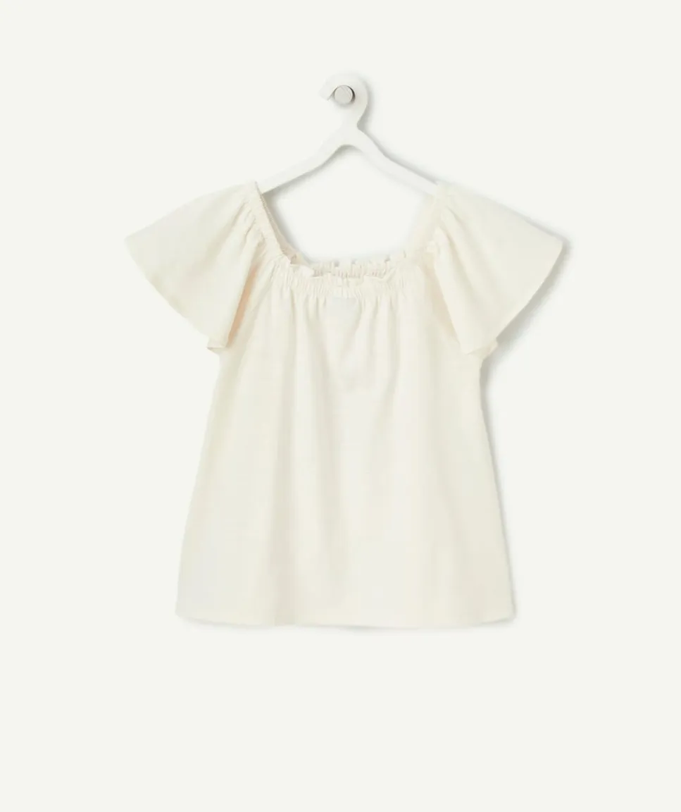 T-shirt fille en coton biologique écru avec col bardot et volants