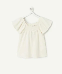 T-shirt fille en coton biologique écru avec col bardot et volants