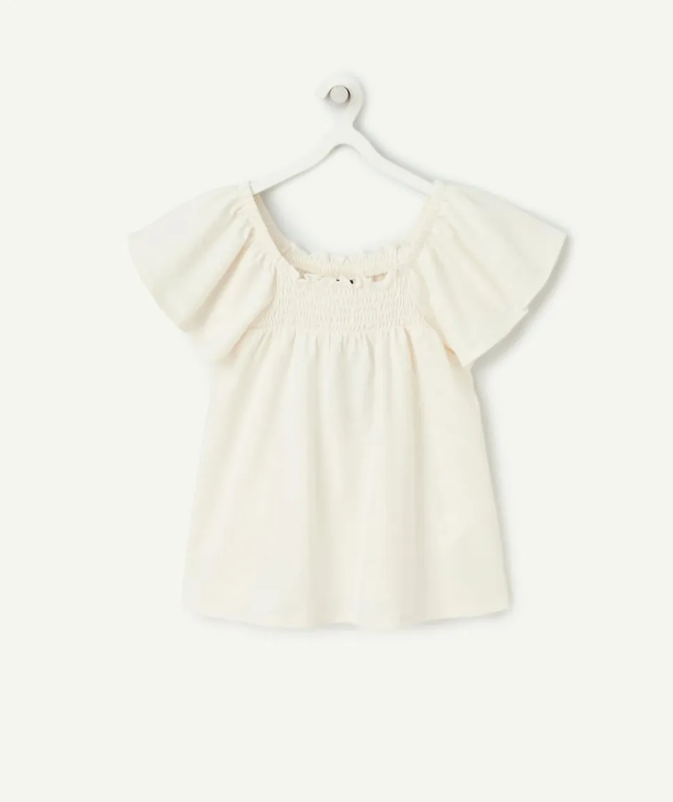 T-shirt fille en coton biologique écru avec col bardot et volants