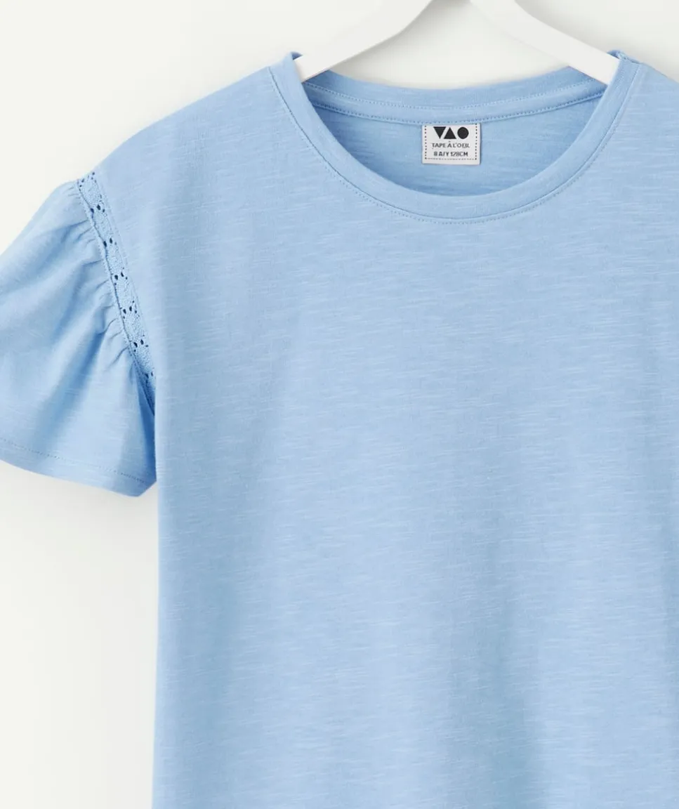 T-shirt fille en coton bleu à manches bouffantes