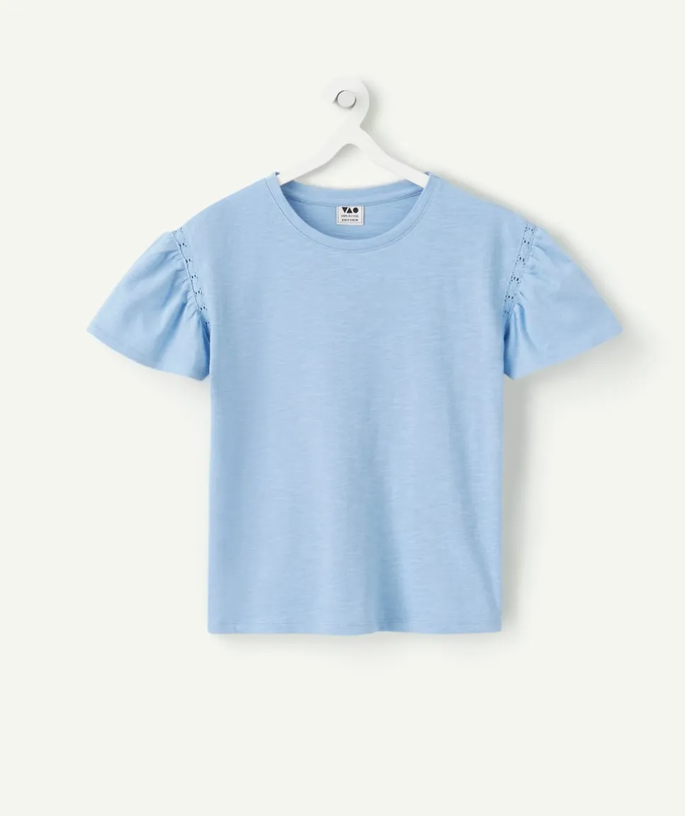 T-shirt fille en coton bleu à manches bouffantes