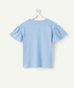 T-shirt fille en coton bleu à manches bouffantes