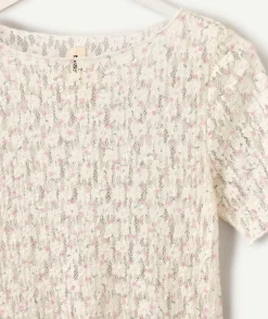 T-shirt fille en dentelle écru imprimé