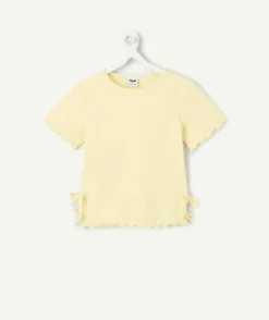 T-shirt fille jaune détails nœuds côtelé