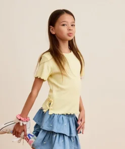 T-shirt fille jaune détails nœuds côtelé
