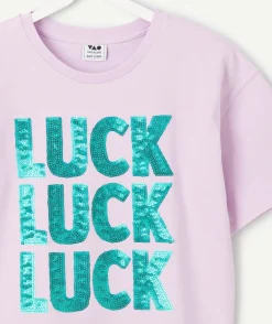 T-shirt fille lilas imprimé sequins luck