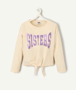 T-shirt fille manches longues avec noeud et écriture "sisters"