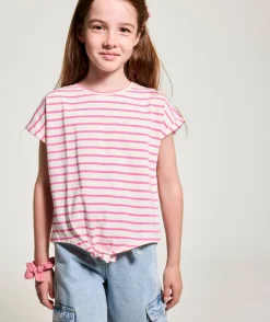 T-shirt fille rayé rose avec nœud