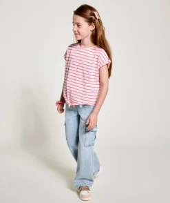 T-shirt fille rayé rose avec nœud