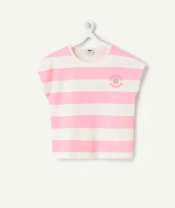 T-shirt fille rayé rose et blanc