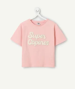 T-shirt fille rose avec message brodé