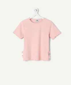 T-shirt fille rose détails nœuds côtelé