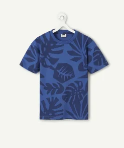 T-shirt garçon bleu imprimé feuilles