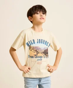 T-shirt garçon coton beige imprimé