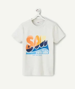 T-shirt garçon en coton bio gris chiné avec messages colorées thème surf