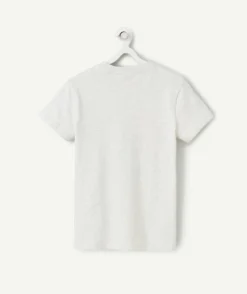 T-shirt garçon en coton bio gris chiné avec messages colorées thème surf