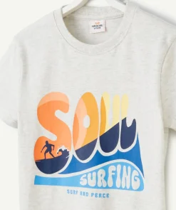 T-shirt garçon en coton bio gris chiné avec messages colorées thème surf