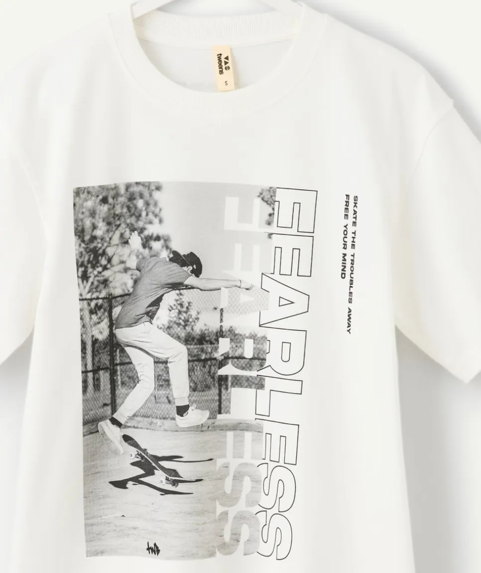 T-shirt garçon oversize blanc imprimé