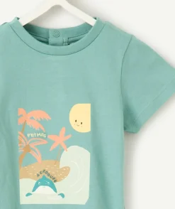 T-shirt garçon vert imprimé plage