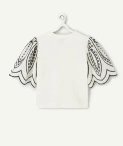 T-shirt manches brodées blanc fille