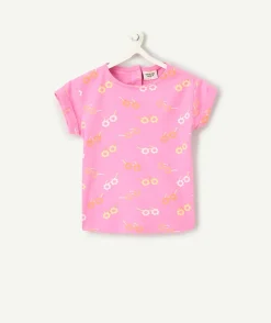 T-shirt manches courtes bébé fille en coton bio anti-uv rose imprimé fleuris