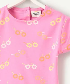 T-shirt manches courtes bébé fille en coton bio anti-uv rose imprimé fleuris