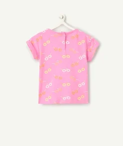 T-shirt manches courtes bébé fille en coton bio anti-uv rose imprimé fleuris