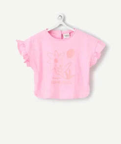 T-shirt manches courtes bébé fille en coton bio rose motif corail fleur