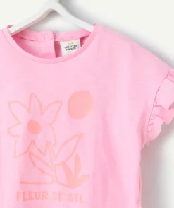 T-shirt manches courtes bébé fille en coton bio rose motif corail fleur
