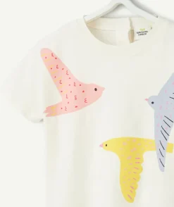 T-shirt manches courtes bébé fille en coton bio écru motif oiseaux