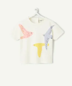 T-shirt manches courtes bébé fille en coton bio écru motif oiseaux