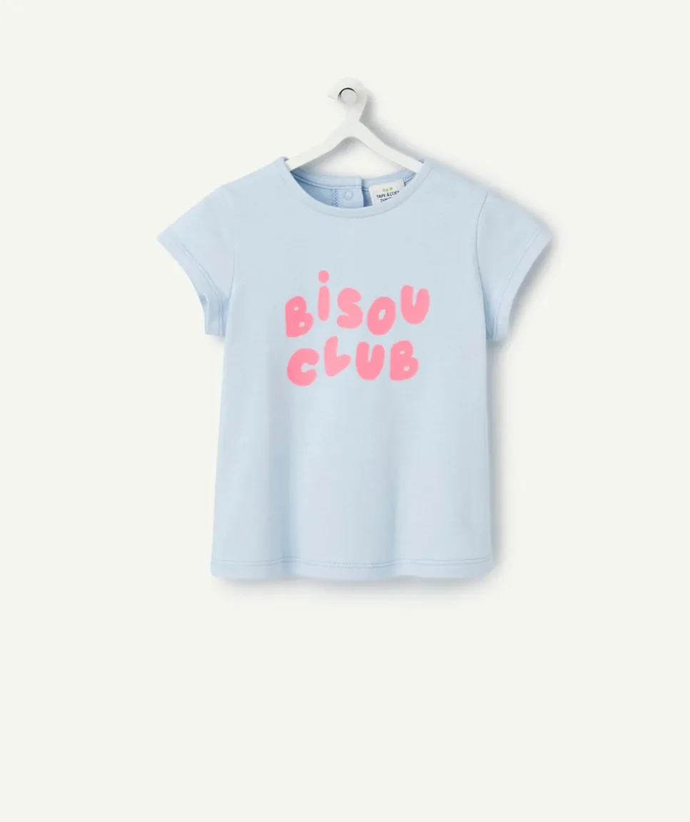 T-shirt manches courtes bébé fille en coton bio bleu ciel bisou club