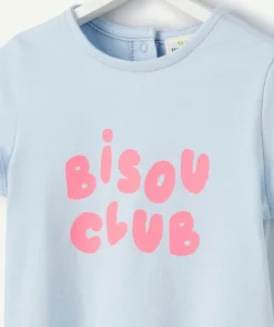 T-shirt manches courtes bébé fille en coton bio bleu ciel bisou club