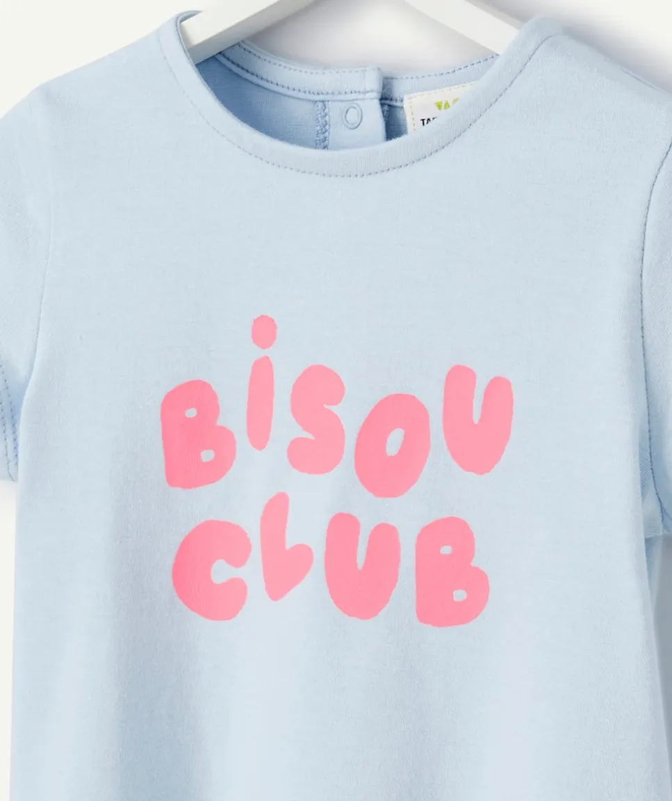 T-shirt manches courtes bébé fille en coton bio bleu ciel bisou club