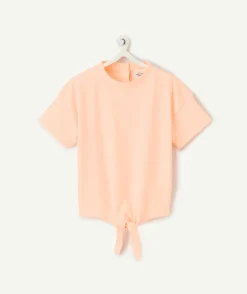 T-shirt manches courtes bébé fille orange fluo avec petit nœud