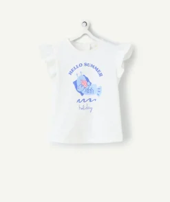 T-shirt manches courtes bébé fille en coton bio blanc motif crevette