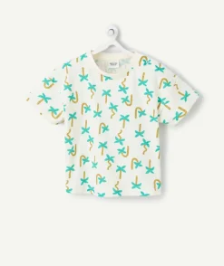 T-shirt manches courtes bébé garçon en coton bio écru imprimé palmier