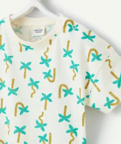T-shirt manches courtes bébé garçon en coton bio écru imprimé palmier