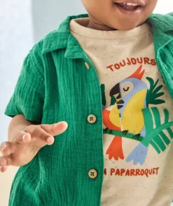 T-shirt manches courtes bébé garçon beige imprimé mouchetés de couleurs et motif oiseaux