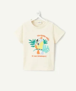 T-shirt manches courtes bébé garçon beige imprimé mouchetés de couleurs et motif oiseaux