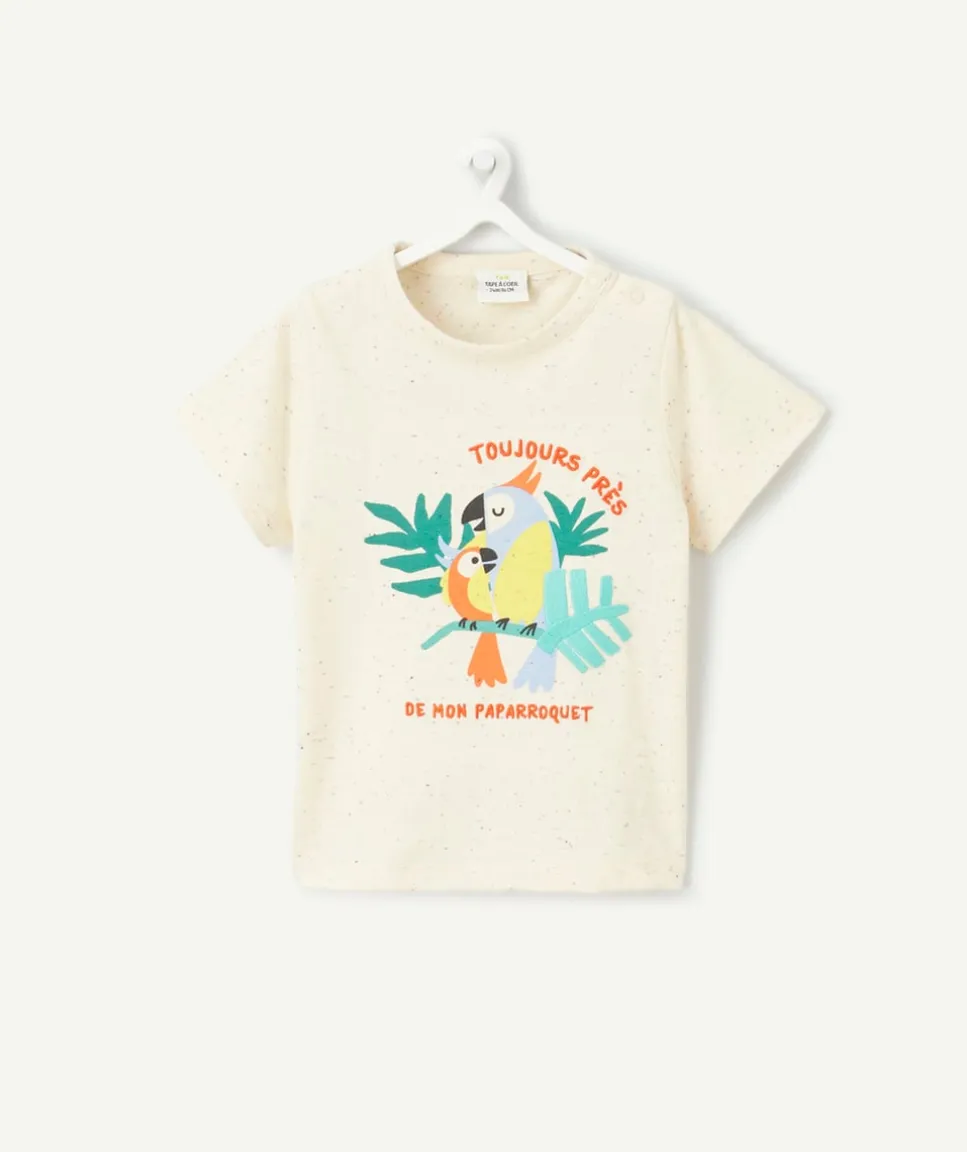 T-shirt manches courtes bébé garçon beige imprimé mouchetés de couleurs et motif oiseaux
