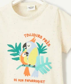 T-shirt manches courtes bébé garçon beige imprimé mouchetés de couleurs et motif oiseaux