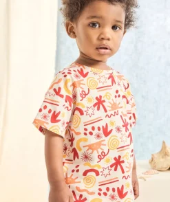 T-shirt manches courtes bébé garçon en coton bio imprimé coloré rouge orange et jaune
