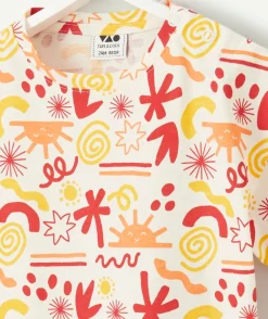 T-shirt manches courtes bébé garçon en coton bio imprimé coloré rouge orange et jaune