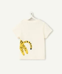 T-shirt manches courtes bébé garçon en coton bio écru avec motif tigre